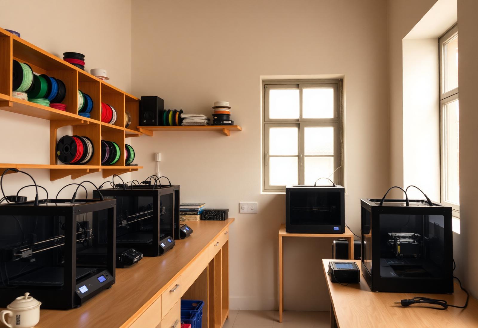 The mm3d workshop with printers running and filament on shelves